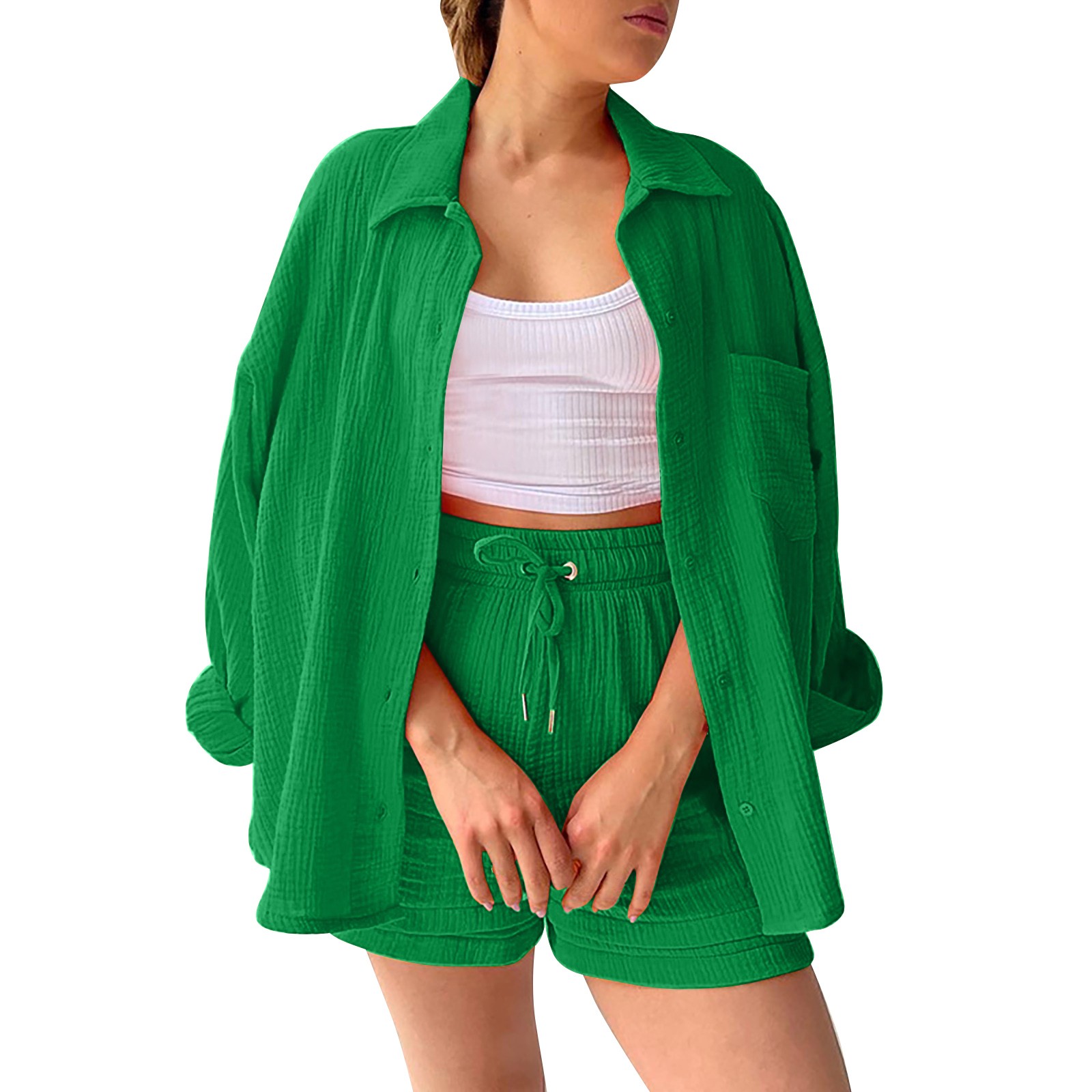 thumbnail image 2 of Conjunto de camisa holgada de solapa y un solo pecho + pantalones rectos de cintura alta para mujer - Mezcla de algodón, transpirable, mangas 7/8, 2 of 4